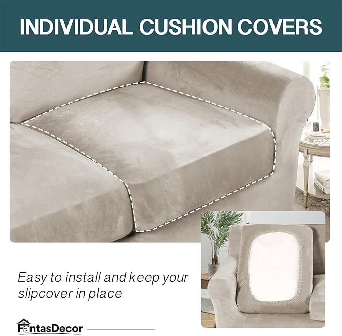 FantasDecor 4 Piece Sofa Velvet Couch Covers for 3 Cushion Stretch Slipcover with Individual Seat Cushion Elastic Furniture Protector for Pets, Machine Washable (Large Sofa, French Oak)