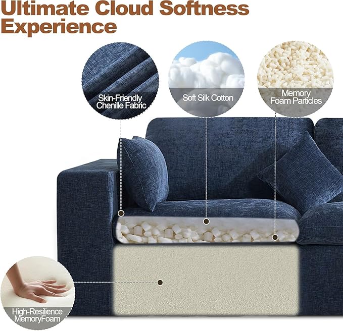 146''Cloud Boneless Sectional Couch, Modular Sectional Sofa Deep Seat, Oversized Upholstered Convertible Comfy 8 Seater Chenille Memory Foam Sofa U Shape Couches for Living Room, Navy