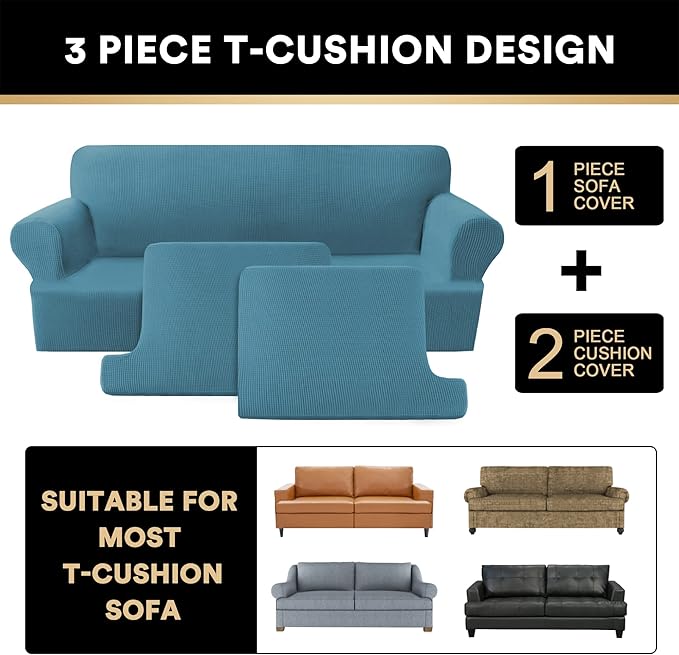 PrinceDeco T Cushion Loveseat Slipcover - 3 Pieces Sofa Cover for 2 Cushion Couch with 2 Individual T Shape Seat Covers Width Up to 76 Inch - Stretch, Machine Washable, Storm Blue