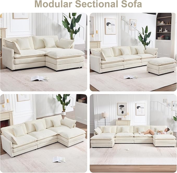 111.5" Modular Sectional Sofa, Large L Shaped Sectionals Cloud Couch, Big Comfy 3-Seat Couch with Ottoman, 4 Seater Chenille Sectional Sofa with Deep Seat and 5 Pillows for Living Room- Beige