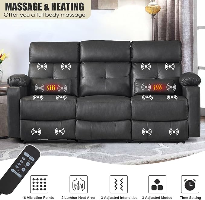 Power Recliner Sofa Set for Living Room, 2 Pieces Recliner Furniture Sofa Set, Power Reclining Sofa and Loveseat Set with Massage and Heat, Reclining Loveseat with Console for Living Room