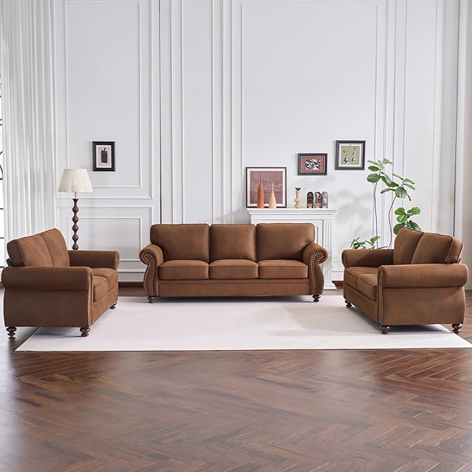 Living Room Furniture Sets,Sofa Sets and Couch Sets for Living Room,Mid-Century Vintage Sofa Couches with Rivet Design (Caramel, Single+3 Seater)