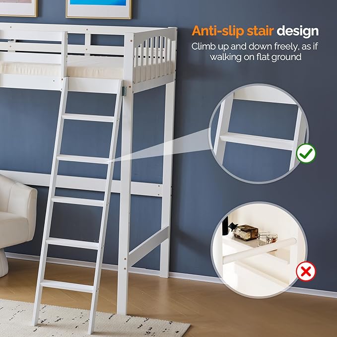 VINGLI Loft Bed Twin Size with USB Charging Station/LED, Solid Wood Single Loft Bunk Bed with Flat Rungs for Kids/Teens/Adults, 15 inches High Guardrail,Wood Slat Support No Box Spring Needed, White
