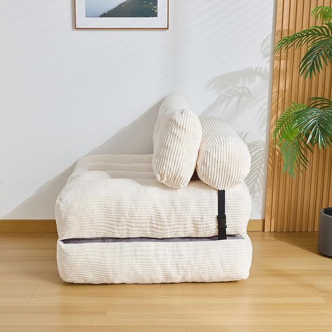 Folding Sofa Bed, Convertible Sleeper Chair Couch Bed Faux Rabbit Fur for Adults, with Back Support Floor Couch Comfy Floor Sofa for Living Room Bedroom, Ivory, Single