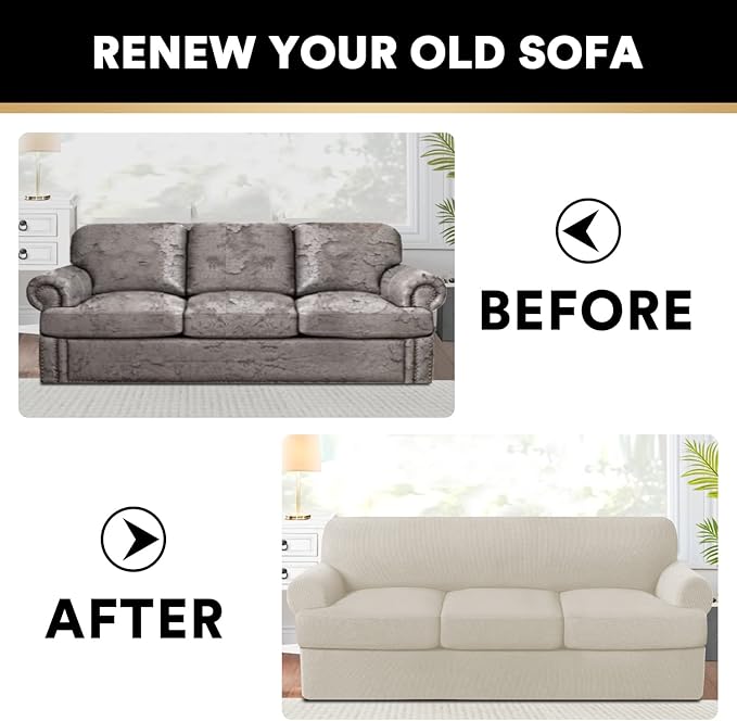 PrinceDeco T Cushion Sofa Slipcover 4 Pieces Sofa Covers for T Cushion Couch Soft Sofa Slip Covers Furniture Protector with 3 Individual T Shape Seat Covers (70"-88"), Island Fossi