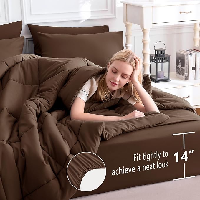 CozyLux Full Size Comforter Sets Brown, 7 Pieces Bed in a Bag, Brown Comforter Full Size, All Season Bedding Sets with Stitch Quilted Comforter, Flat Sheet, Fitted Sheet, Pillowcases