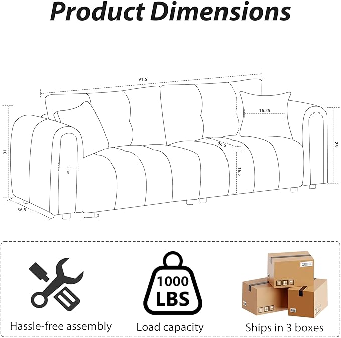 91.5" W Cloud Boucle Sofa for Living Room, Modern Comfy Boucle Couch with Rolled Arms and Soft Pillows, Cozy Teddy Oversized Loveseat for Apartment, Studio, Bedroom, Sage Green