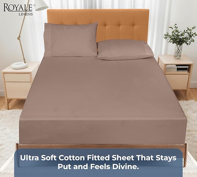 Royale Linens 100% Organic Cotton Fitted Sheet - Percale Weave - Super Soft Deep Pocket Bottom Sheets - Mocha Elastic Sheet Twin XL Size - Twin XL Fitted Sheets Only - (39"x75"+15", Mocha)
