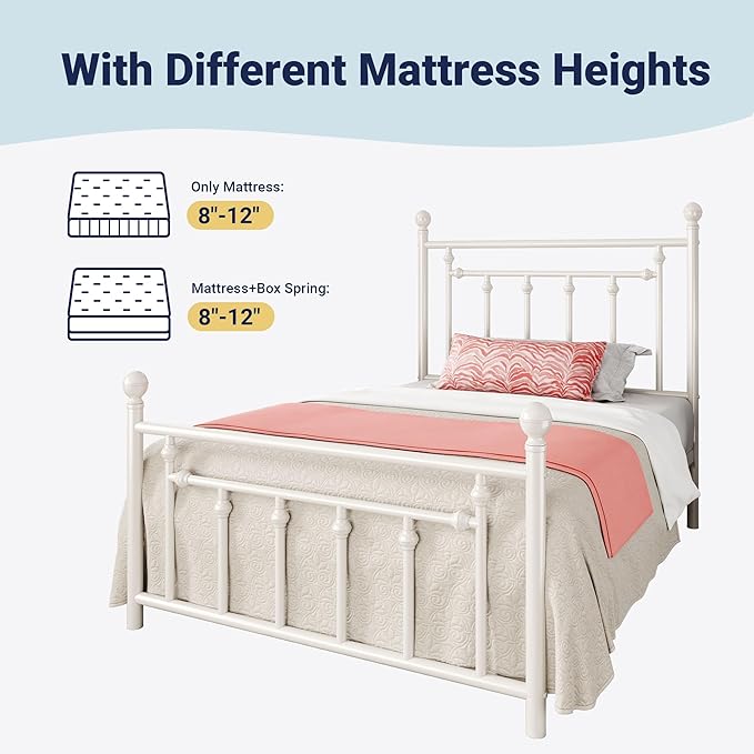 Allewie 14 Inch Twin Size Metal Platform Bed Frame with Victorian Vintage Headboard and Footboard/Mattress Foundation/Under Bed Storage/No Box Spring Needed/Easy Assembly/Noise Free/White