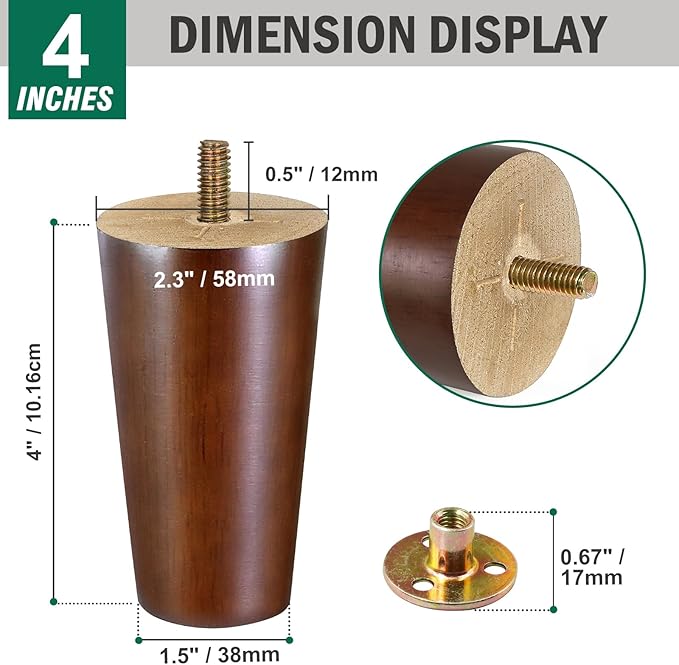 FoDau770 Brown Rubber Wood Furniture Legs 4 Inches, Straight Tapered Wood Feet Mid Century Sofa Legs Set of 8, 5/16" UNC Furniture Feet for Cabinet Couch Dresser Chair Ottoman Table