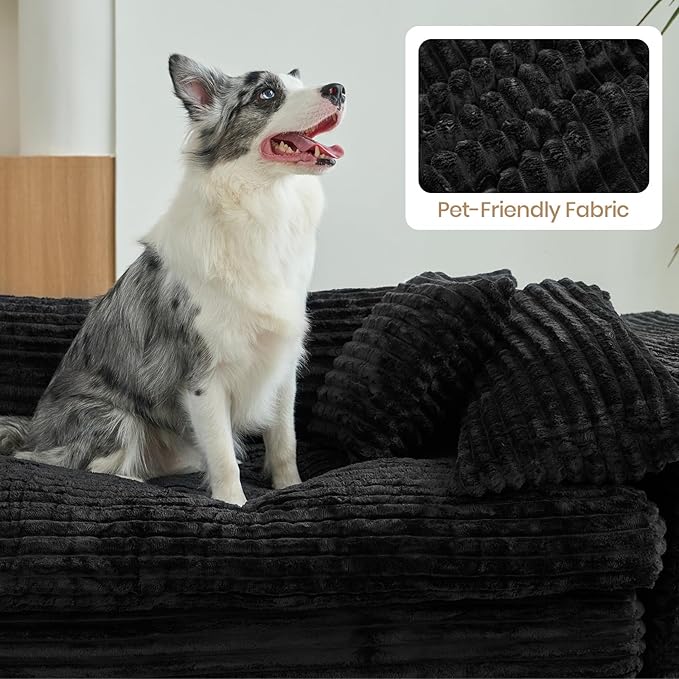 Belffin Plush Corduroy L Shaped Couch with Deep Seat Boneless Modular Sectional Cloud Boneless Couches for Living Room. Left Facing Chaise. Black Sofa