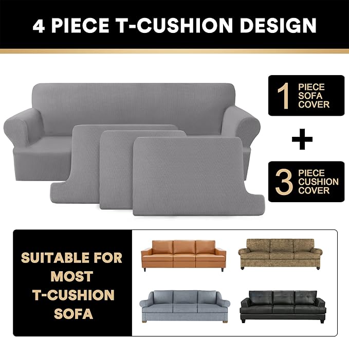 PrinceDeco T Cushion Sofa Slipcover 4 Pieces Sofa Covers for T Cushion Couch Soft Sofa Slip Covers Furniture Protector with 3 Individual T Shape Seat Covers (70"-88") Washable, Dove