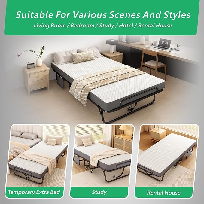 Folding Bed with Mattress for Adults, 75" x 45" Portable Twin XL Size Rollaway Bed, Metal Frame Foldable Guest Bed with Memory Foam Mattress,Deluxe Extra Beds with Side Storage Pocket