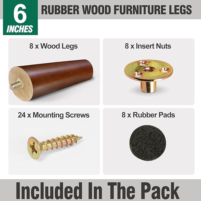 FoDau770 Brown Rubber Wood Furniture Legs 6 Inches, Slant Tapered Wood Feet Mid Century Sofa Legs Set of 8, 5/16" UNC Furniture Feet Replacement Parts for Cabinet Couch Dresser Chair Ottoman Table