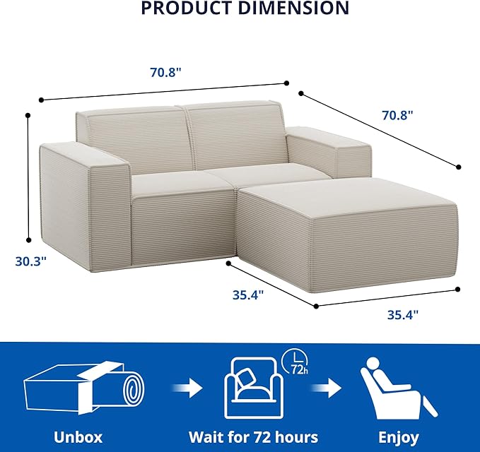 Cozy Castle 71" Loveseat Sofa, L Shaped Comfy Corduroy Boneless Couch with Deep Seat and Ottoman Chaise Cloud Sofa Upholstered Couches for Living Room Bedroom No Assembly Required (Beige)