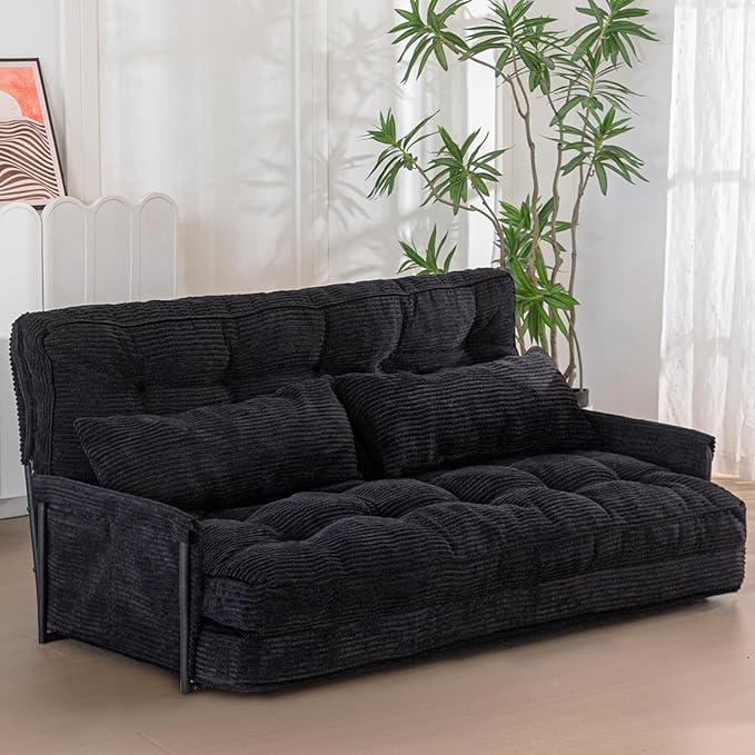 MAXYOYO Adjustable Floor Sofa Couch with 2 Pillows, Multi-Functional Bean Bag Bed, 5-Position Foldable Lazy Sofa Sleeper Bed with Armrest, Versatile Floor Seating for Reading, Black, Double