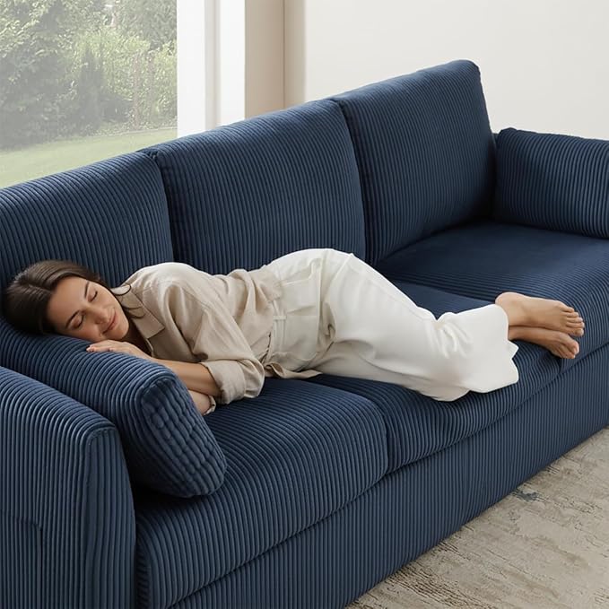 3 Seater Couches for Living Room, 79" Modern Corduroy Sofa with 2 Pillows and Storage Pockets, Comfy Upholstered Couches for Apartment, Small Spaces, Home Office, Navy Blue