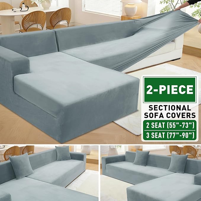 ZNSAYOTX 2026 Soft Velvet Sectional Couch Covers, Luxury Plush Slipcovers with Elastic Bottom for L Shape Sectional Sofa, 2 Pcs Pet Friendly Protector (3 Seat Couch + 2 Seat Chaise, Light Grey)