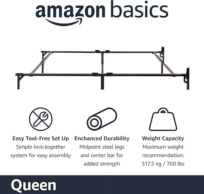Amazon Basics Metal Bed Frame, 9-Leg Support Base for Box Spring and Mattress, Queen Size, Tool-Free Easy Assembly, 79.5" L x 59.5" W x 7" H, Black