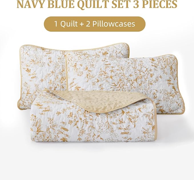 WONGS BEDDING Quilt King Size, Orange Quilt Bedding Set with 2 Pillowcases, Botanical Quilt for King Bed, Soft Microfiber Lightweight Coverlet Bedspread for All Season (110"×90", 3 Pieces)
