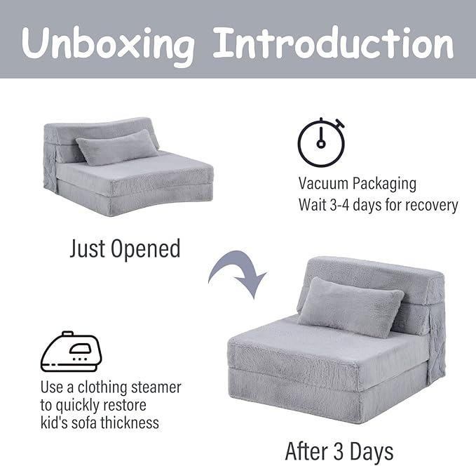 Tiita Convertible Folding Kids Sofa Bed with Pillow & Storage Bag, Plush Fabric Floor Mattress Couch Bed, Washable Cover, Kids Room, Playroom, Dorm, Apartment, White Grey