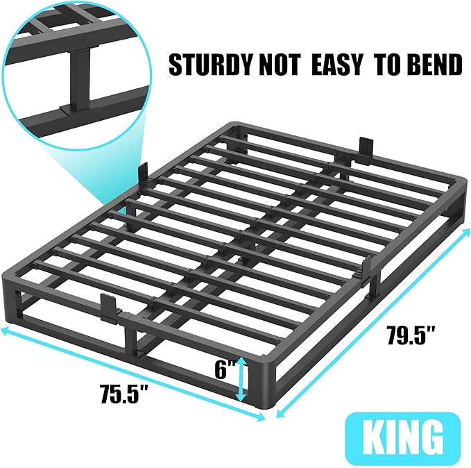 Firpeesy 6 Inch King Bed Frame with Round Corner Edges, Low Profile King Metal Platform Bed Frame with Steel Slat Support, No Box Spring Needed/Easy Assembly/Noise Free Mattress Foundation