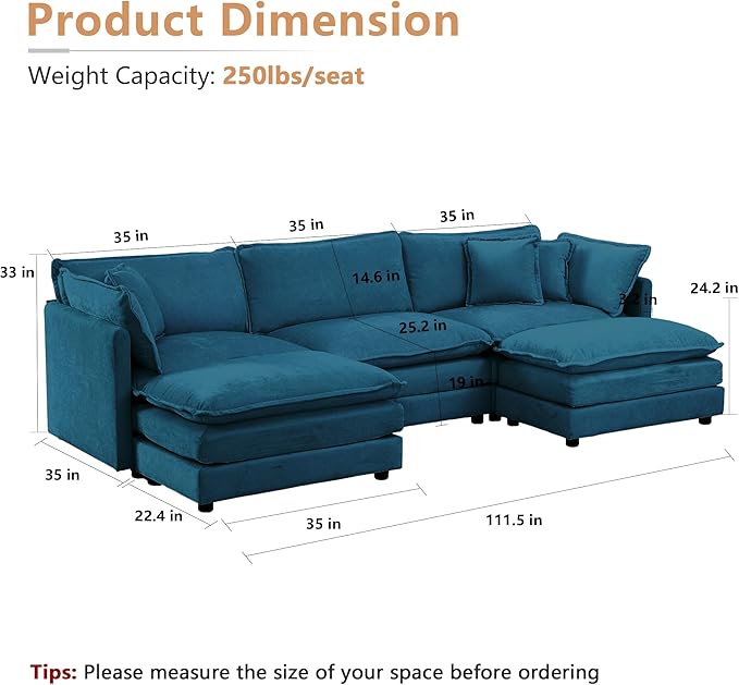 mikibama Modular Sectional Sofa, 111.5 Inch U Shaped Couch Set for Living Room, 3-Seater Comfy Cloud Couches with Movable Ottoman, DIY Combination, Chenille, Blue