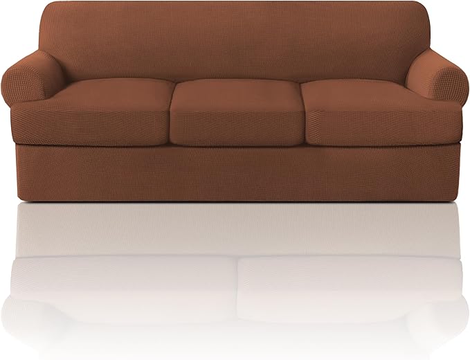 PrinceDeco T Cushion Sofa Slipcover 4 Pieces Sofa Covers for T Cushion Couch Soft Couch Cover (70"-88") Sofa Slip Cover Furniture Covers with 3 Individual T Shape Seat Covers Washable, Caramel