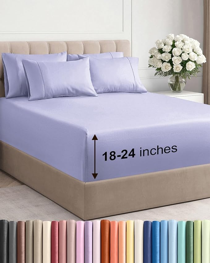 Extra Deep Full Sheet Set - 6 Piece Breathable and Cooling Sheets - Hotel Luxury Bedding for Women, Men, Kids & Teens - Easy & Secure Fit - Soft, Wrinkle Free and Comfy - Extra Deep Pockets - Lavender