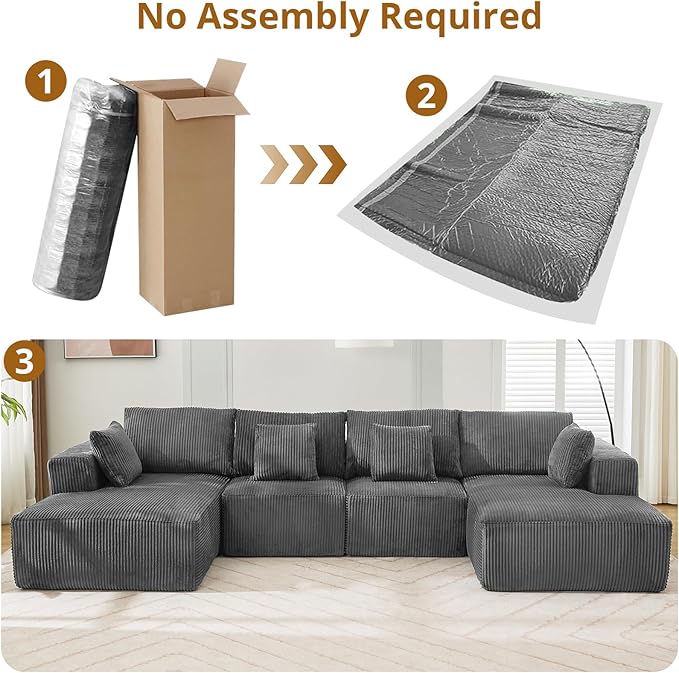 Sectional Cloud Boneless Couch 137" Modern Comfy U-Shaped No Assembly Required Convertible Compression Sleeper Modular Sofa with Corduroy Fabric Deep Seat Single + Chaise for Living Room