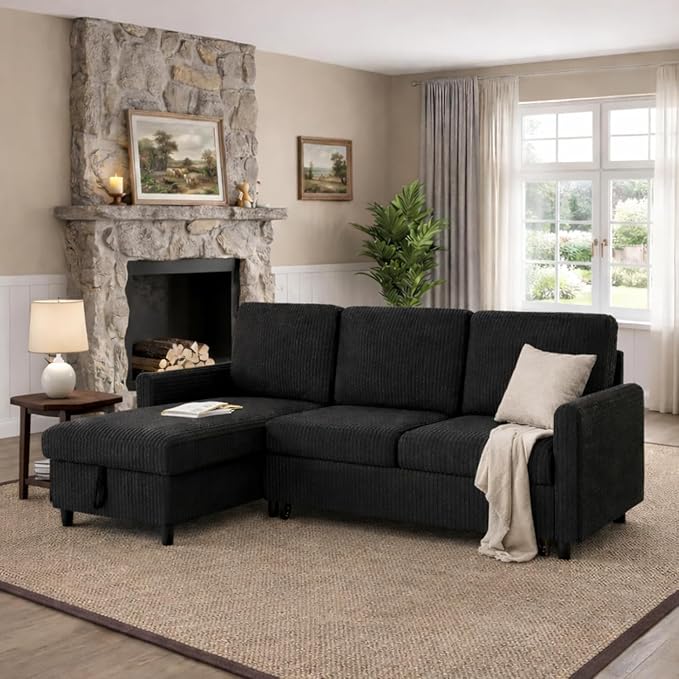 JAMFLY Pull Out Sleeper Sofa Bed with Storage Chaise, L-Shaped Corduroy Sectional Couch, 3-Seater Convertible Sofa with Hidden Storage for Small Living Room, Apartment, Office, Black
