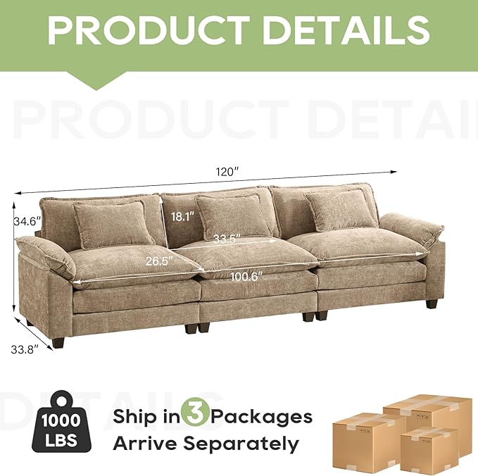 120" Modular Sectional Sofa, Comfy Cloud Couch Sectional, Chenille Sofa Sleeper Deep Seat Sofa with Throw Pillows for Living Room (Khaki, 120"- 3 Seater)