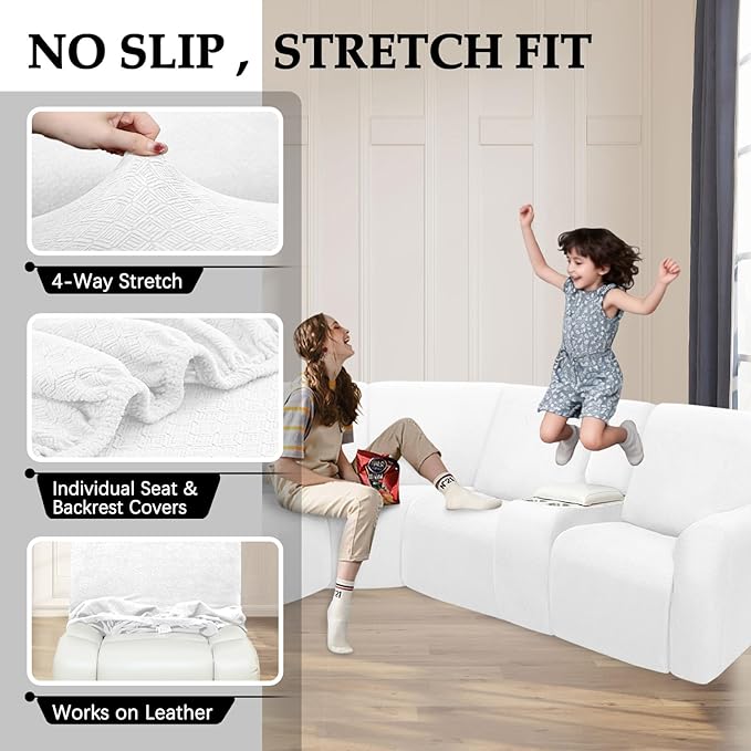 Waterproof Reclining Sectional Couch Covers Washable L Shaped Couch Cover for Sectionals Recliner Sofa Covers Stretch Corner Recliner Slipcovers for Dogs (5 Seater 2 Console Cover, White)
