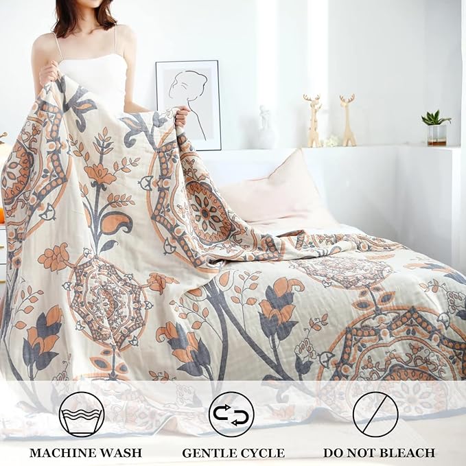 Boho Throw Blanket for Bed 100% Cotton Ultra Soft Rustic Quilt Floral Farmhouse Decor Bed Spring Blanket,80"x90" All Season Rustic Throw for Sofa Couch Chair