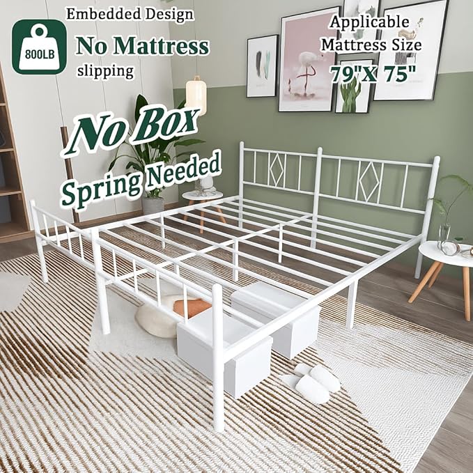 Decorwise 14 Inch King Size Bed Frames with Headboard/Footboard, Under Bed Storage, Strong Metal Slats Support, No Box Spring Needed, Noise Free, Easy Assembly, White