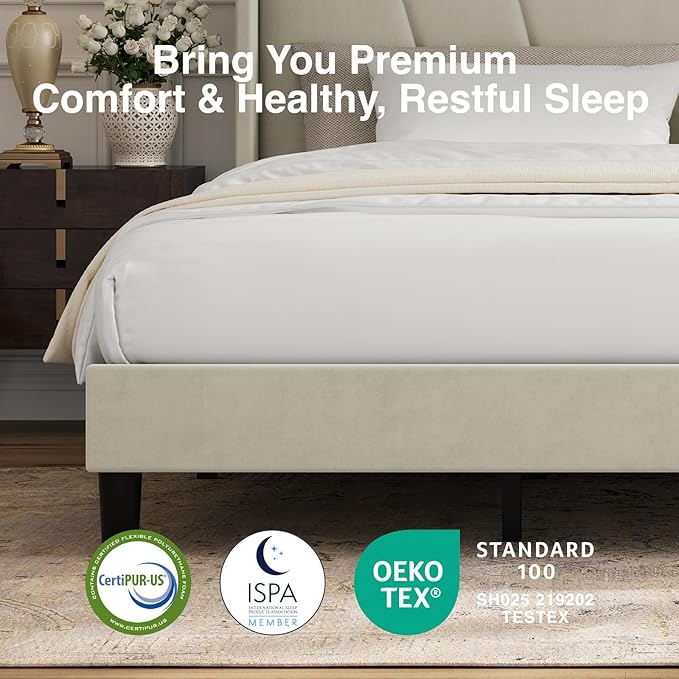 Novilla King Size Bed Frame, King Bed Frame with Headboard, Velvet Upholstered Wing Side Headboard, No Box Spring Needed, Heavy Duty Feet, Easy Assembly, White Velvet