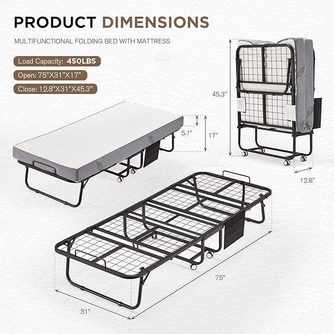 MELLCOM Folding Bed with Mattress,75" x 31" Foldable Rollaway Bed with Mattress for Adults, 5 Inch Memory Foam Mattress,Single Cot Size Portable Bed with Metal Frame&Bed Side Pocket