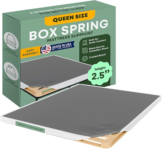 Greaton, 2.5” Queen Box Spring for Queen Bed – Amish-Made in the USA – Solid Wood Box Spring Mattress Foundation with Stable & Quiet Support – Flat-Packed & Easy Assembly – White