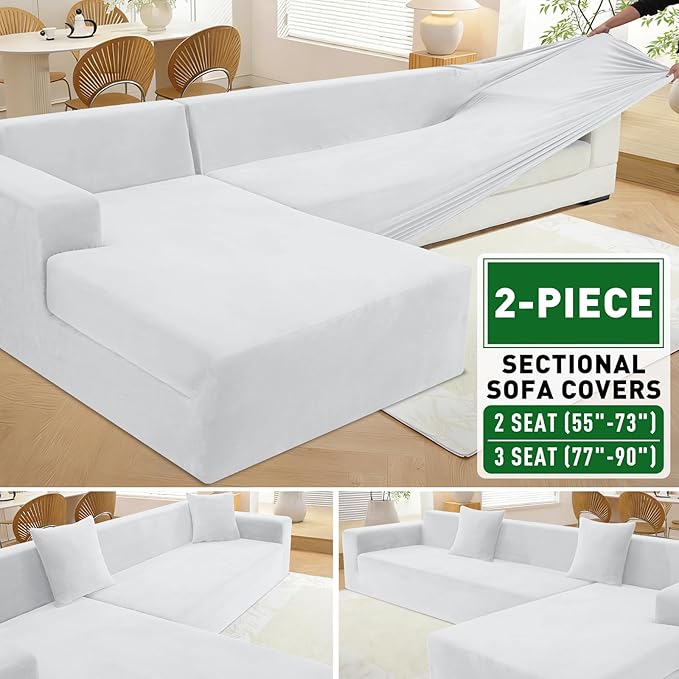 ZNSAYOTX 2026 Soft Velvet Sectional Couch Covers, Luxury Plush Slipcovers with Elastic Bottom for L Shape Sectional Sofa, 2 Pcs Pet Friendly Protector (3 Seat Couch + 2 Seat Chaise, White)