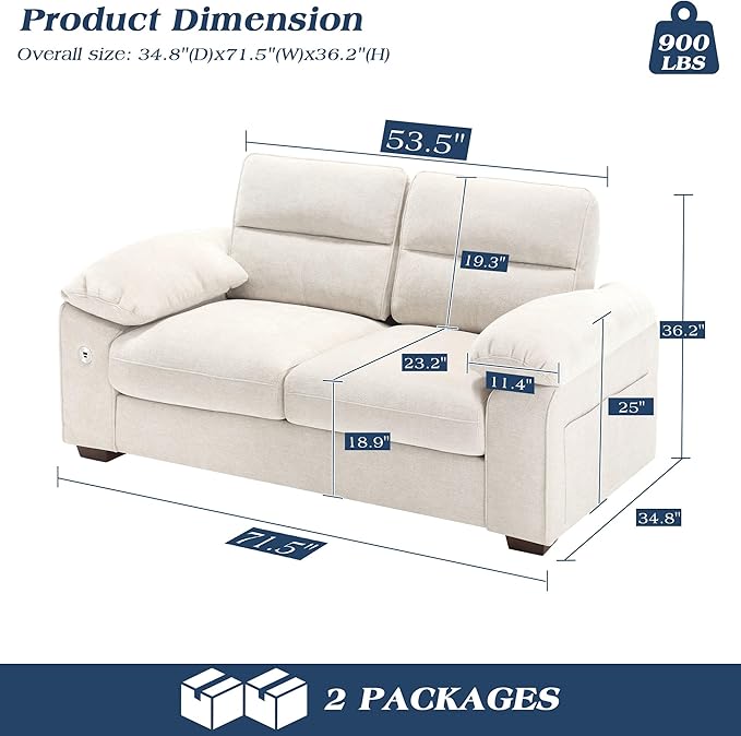 WorthFurni Sofas for Living Room, Chenille Pillow-Armrest Loveseat Couch Set, Small Sofa, 3 Seater Sofa, USB Charging, Removable Sofa Cover, Solid Wood Frame, Easy to Install (71.5 inch, Beige)