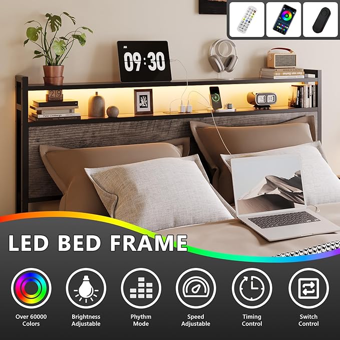 VINGLI Full Bed Frame with 4 Storage Drawers and Adjustable Headboard, Metal Double Platform Bed with Charging Station and LED Lights, No Box Spring Needed, Noise Free, Easy Assembly, Wash Grey