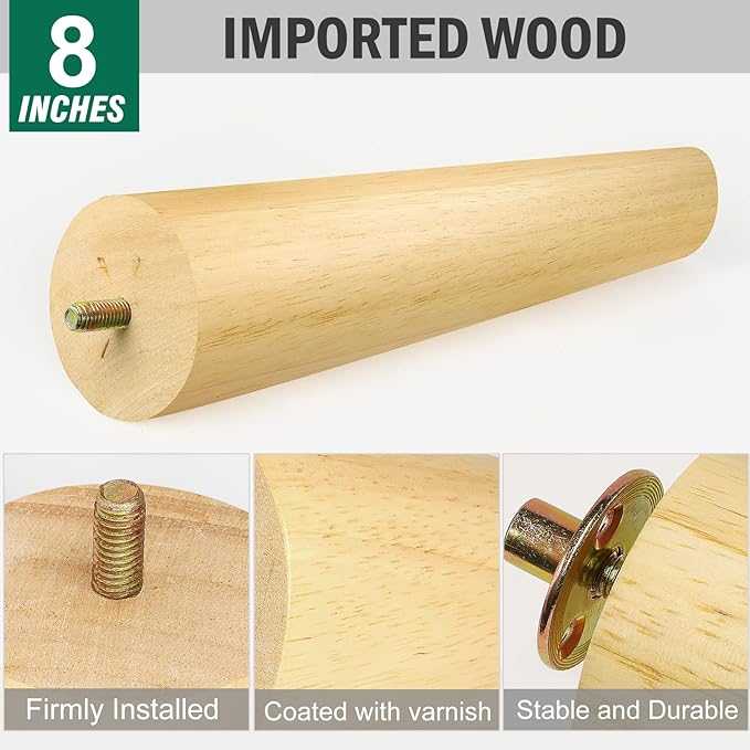 FoDau770 Rubber Wood Furniture Legs 8 Inches, Slant Tapered Wood Feet Mid Century Sofa Legs Set of 4, 5/16" UNC Furniture Feet Replacement Parts for Cabinet Couch Dresser Chair Ottoman Table