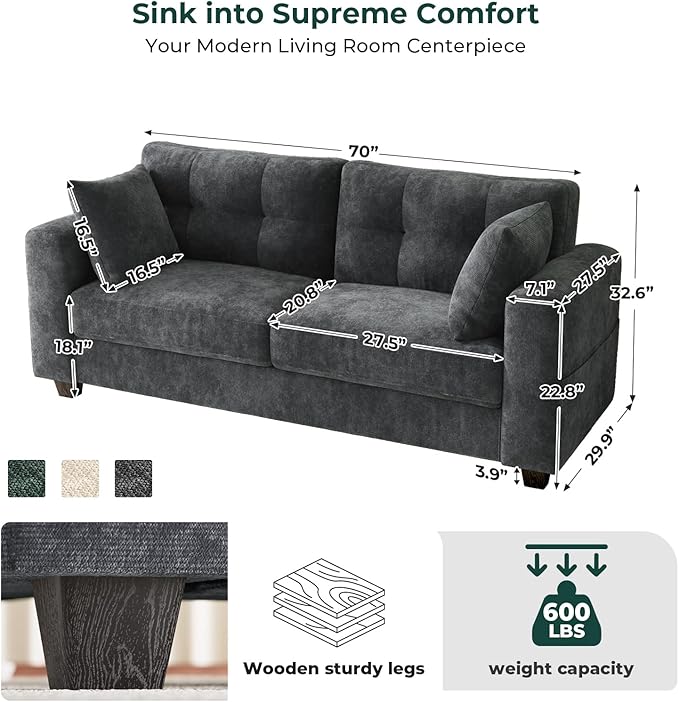 70" Loveseat Sofa for Living Room, Modern Chenille Cloud Couch with USB/Type-C Charging Ports, Side Pockets, Removable Cover, Wide Armrests, Small Couch for Small Space, Easy Assembly, Grey