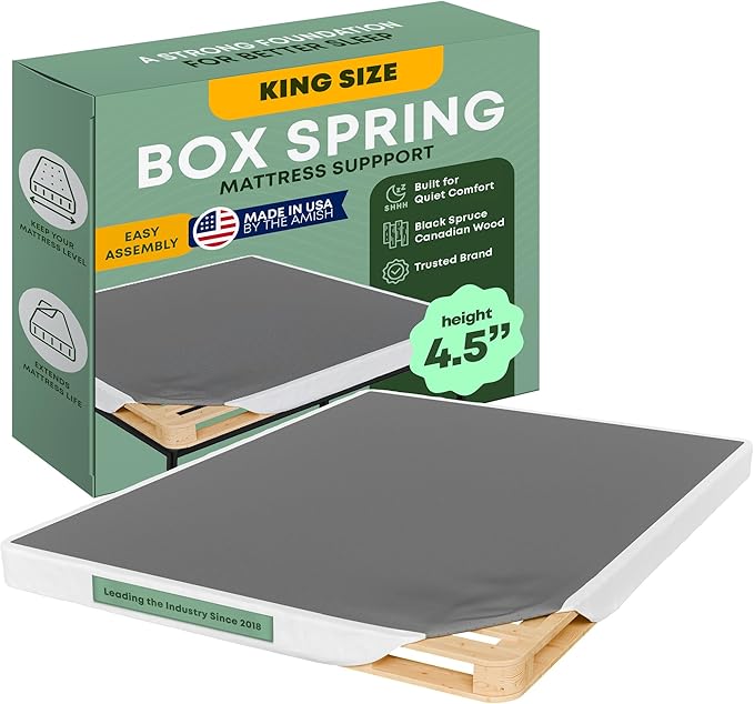 Greaton, 4.5” King Box Spring Only for King Size Bed – Amish-Made in The USA – Solid Wood Mattress Foundation with Stable & Quiet Support – Flat-Packed & Easy Assembly