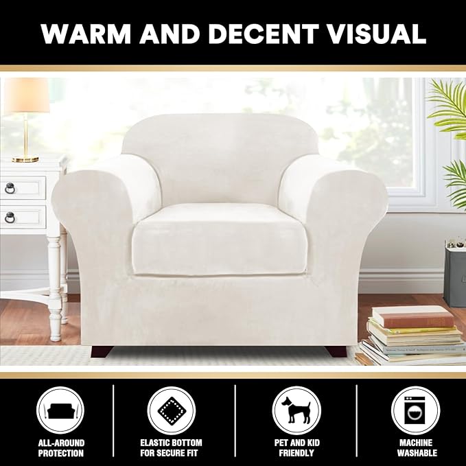 PrinceDeco Velvet Plush Couch Cover Stretch 2 Piece Chair Cover Chair Slipcover Washable Furniture Protector Couch Soft with Elastic Bottom Armchair Cover Width Up to 49 Inch(Small, Porcelain)