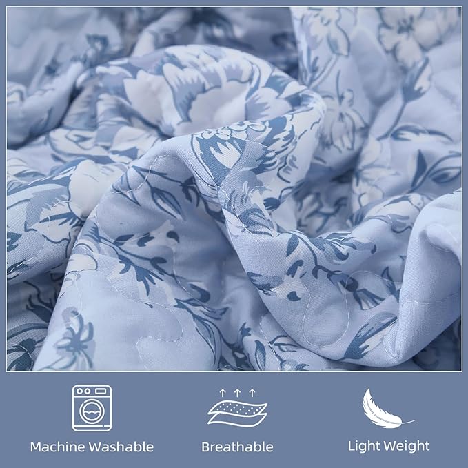 WONGS BEDDING Quilt King Size, Blue Quilt Bedding Set with 2 Pillowcases, Botanical Quilt for King Bed, Soft Microfiber Lightweight Coverlet Bedspread for All Season (110"×90", 3 Pieces)