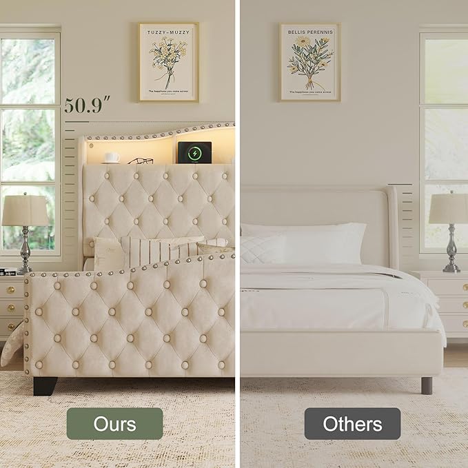 Belffin Queen Size Bed Frame and Headboard, 50.9" Velvet Upholstered Wingback Bedframe with LED Lights & Storage/Charging Station, Button Tufted Tall Footboard, No Box Spring Needed, Noise-Free, Beige