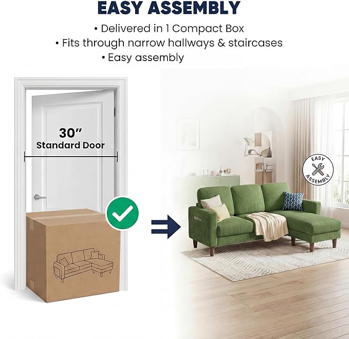 YESHOMY L-Shaped Sofa Couch, Small Couch with Reversible Chaise and Ottoman, Convertible Sectional Comfy 3 Seat Sofas with Side Pockets for Apartment and Living Room (Olive Green)