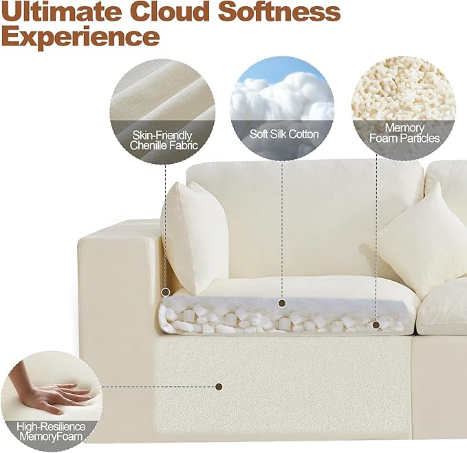 155''Cloud Boneless Sectional Couch, Modular Sectional Sofa Deep Seat, Oversized Upholstered Convertible Comfy 4 Seater Chenille Memory Foam Sofa Couches for Living Room, Beige