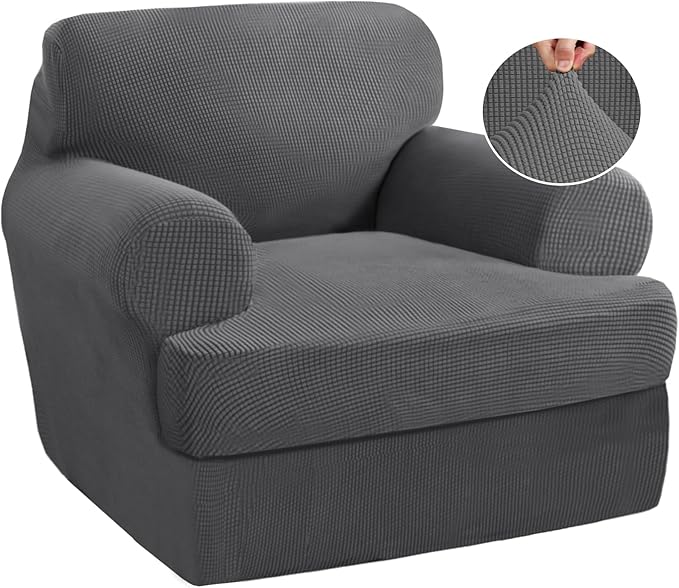 PrinceDeco 2 Pieces T Cushion Chair Slipcover Stretch Couch Covers for T Cushion Sofa Slipcovers Chair Covers Armchair with 1 Individual T Shape Seat Covers Width Up to 40", Grey